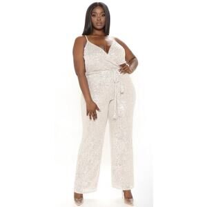 Fashion Nova- Can’t Hide The Shine Sequin Jumpsuit-Silver Size 2X New With Tags